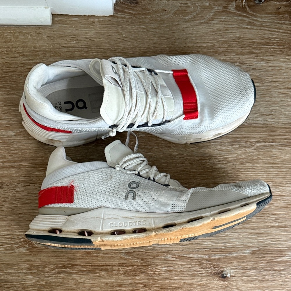 On Running Men's Cream and Red Athletic Shoes